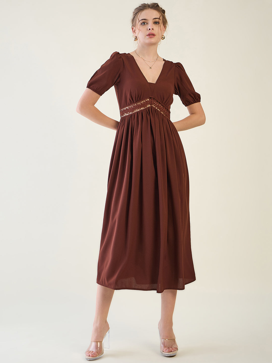 V-Neck Midi Dress with Lace Waist Detail