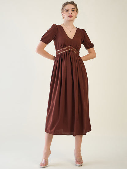 V-Neck Midi Dress with Lace Waist Detail