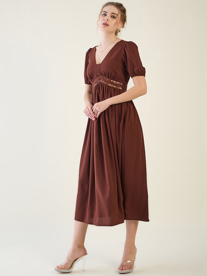 V-Neck Midi Dress with Lace Waist Detail