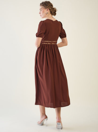 V-Neck Midi Dress with Lace Waist Detail