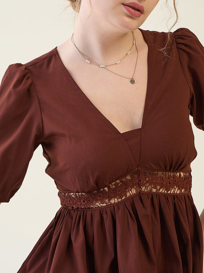 V-Neck Midi Dress with Lace Waist Detail