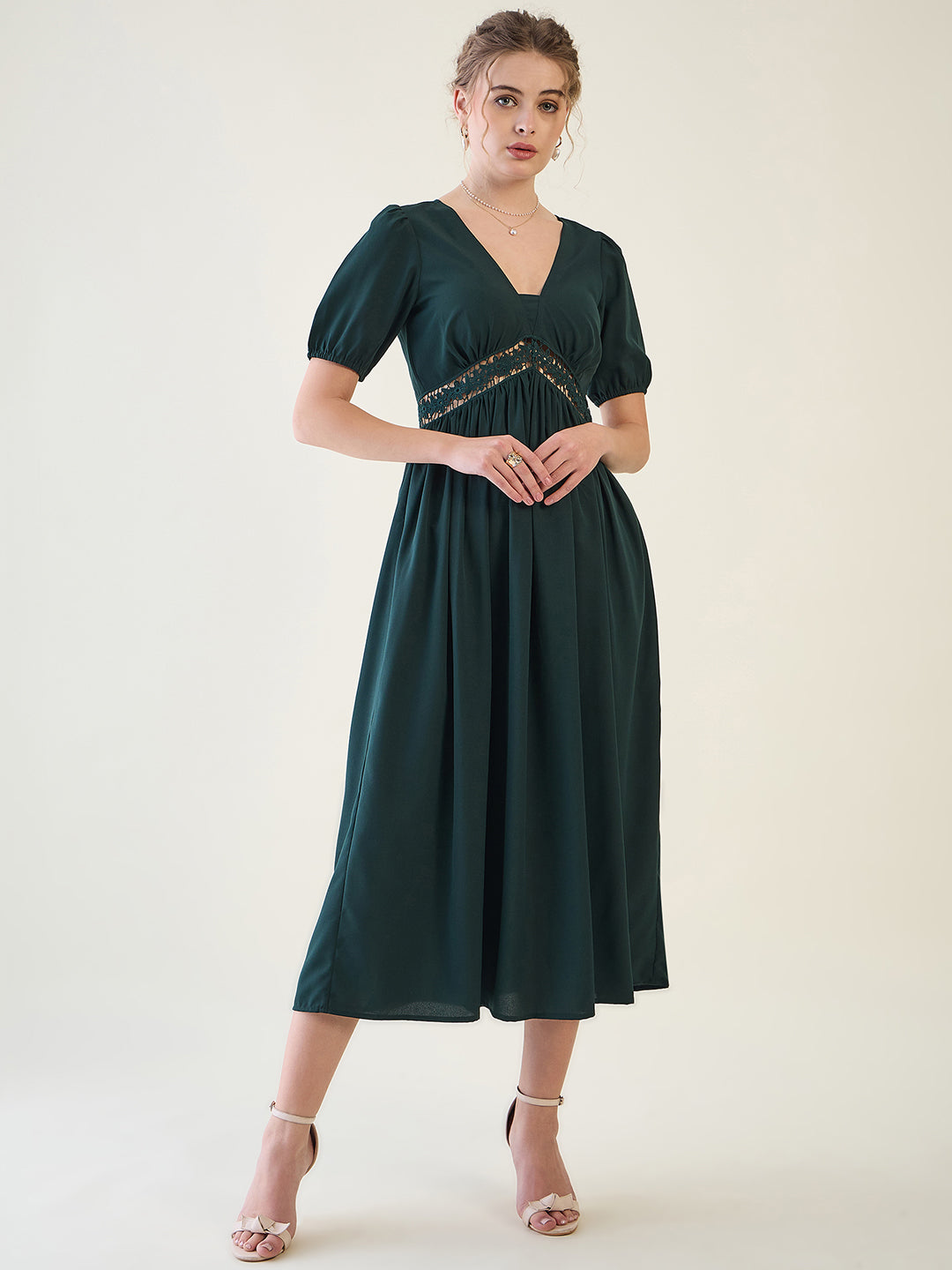 V-Neck Midi Dress with Lace Waist Detail