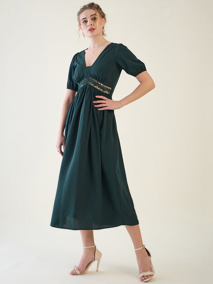 V-Neck Midi Dress with Lace Waist Detail