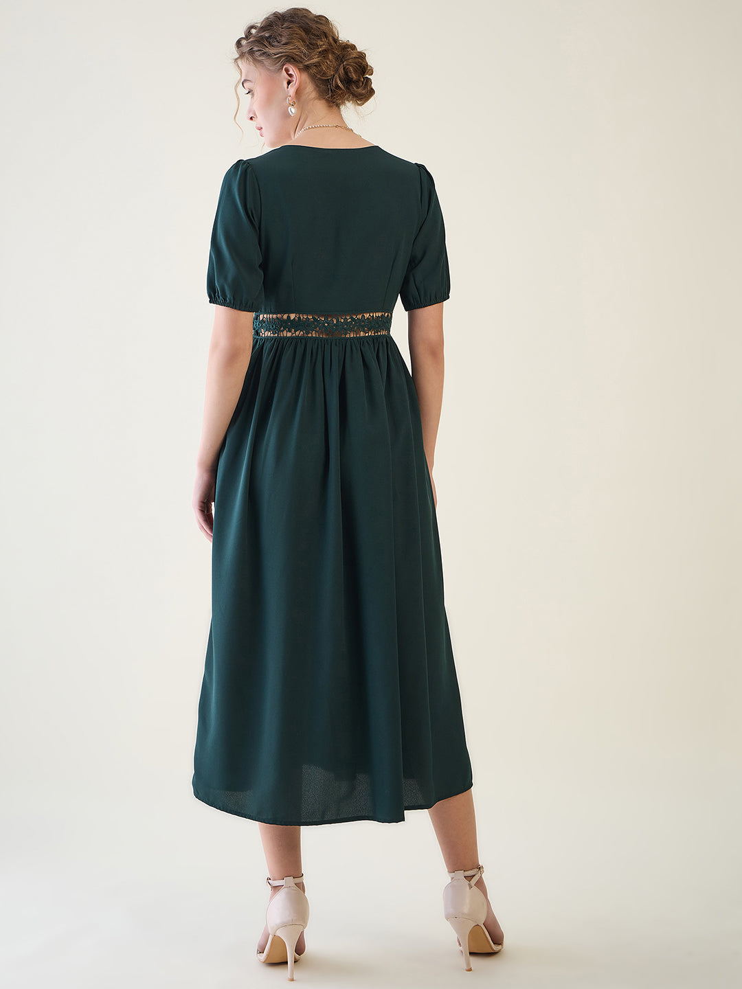 V-Neck Midi Dress with Lace Waist Detail