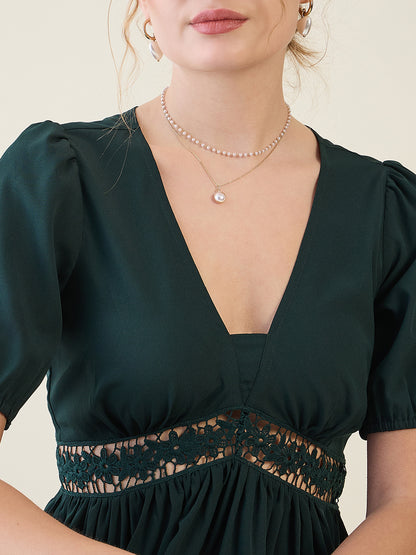 V-Neck Midi Dress with Lace Waist Detail