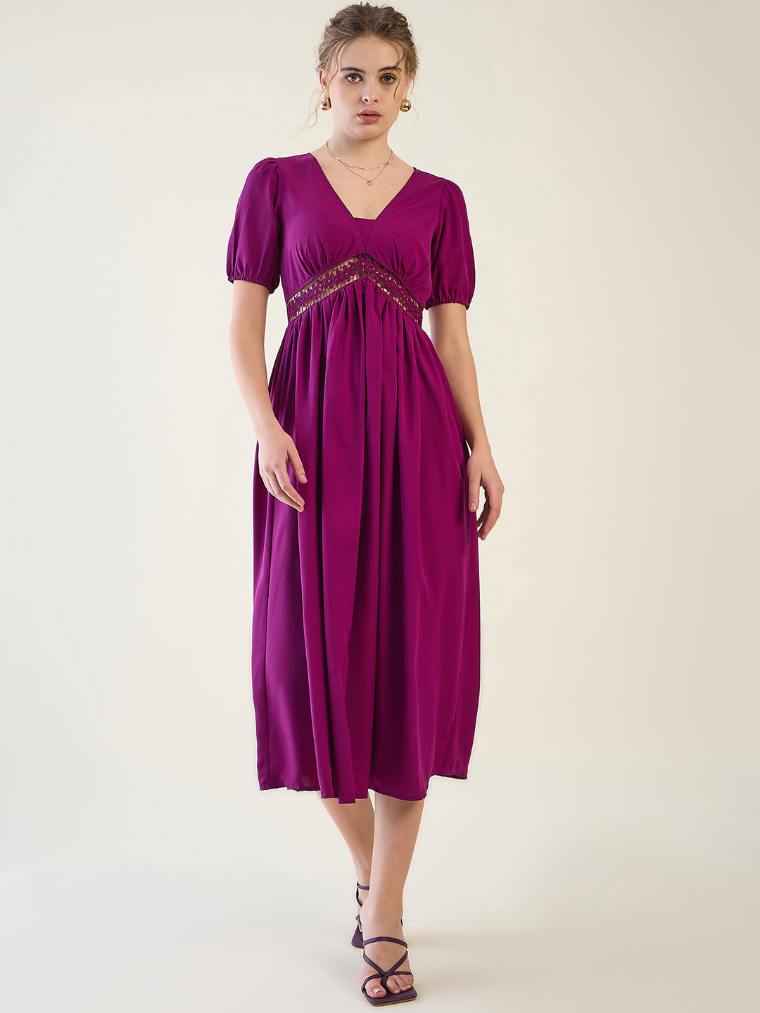 V-Neck Midi Dress with Lace Waist Detail