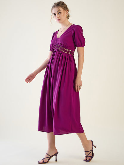 V-Neck Midi Dress with Lace Waist Detail