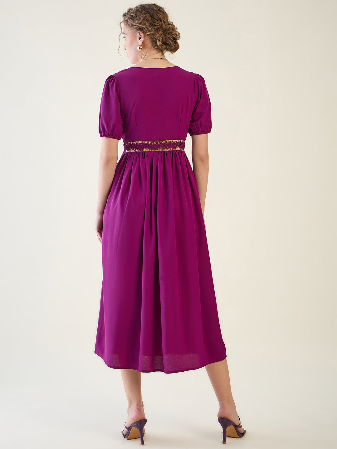 V-Neck Midi Dress with Lace Waist Detail