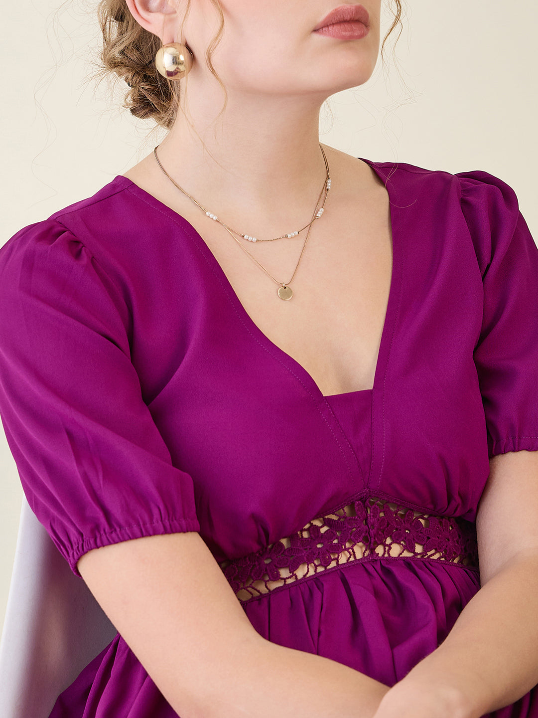 V-Neck Midi Dress with Lace Waist Detail