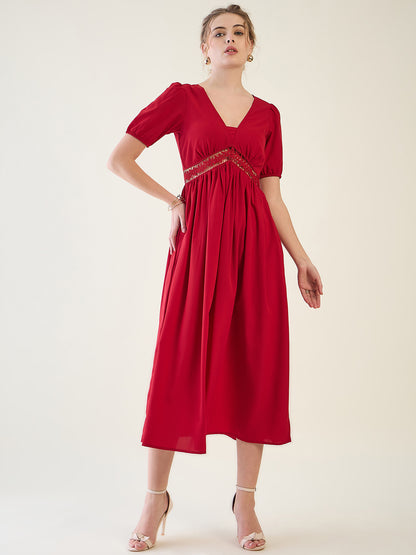 V-Neck Midi Dress with Lace Waist Detail