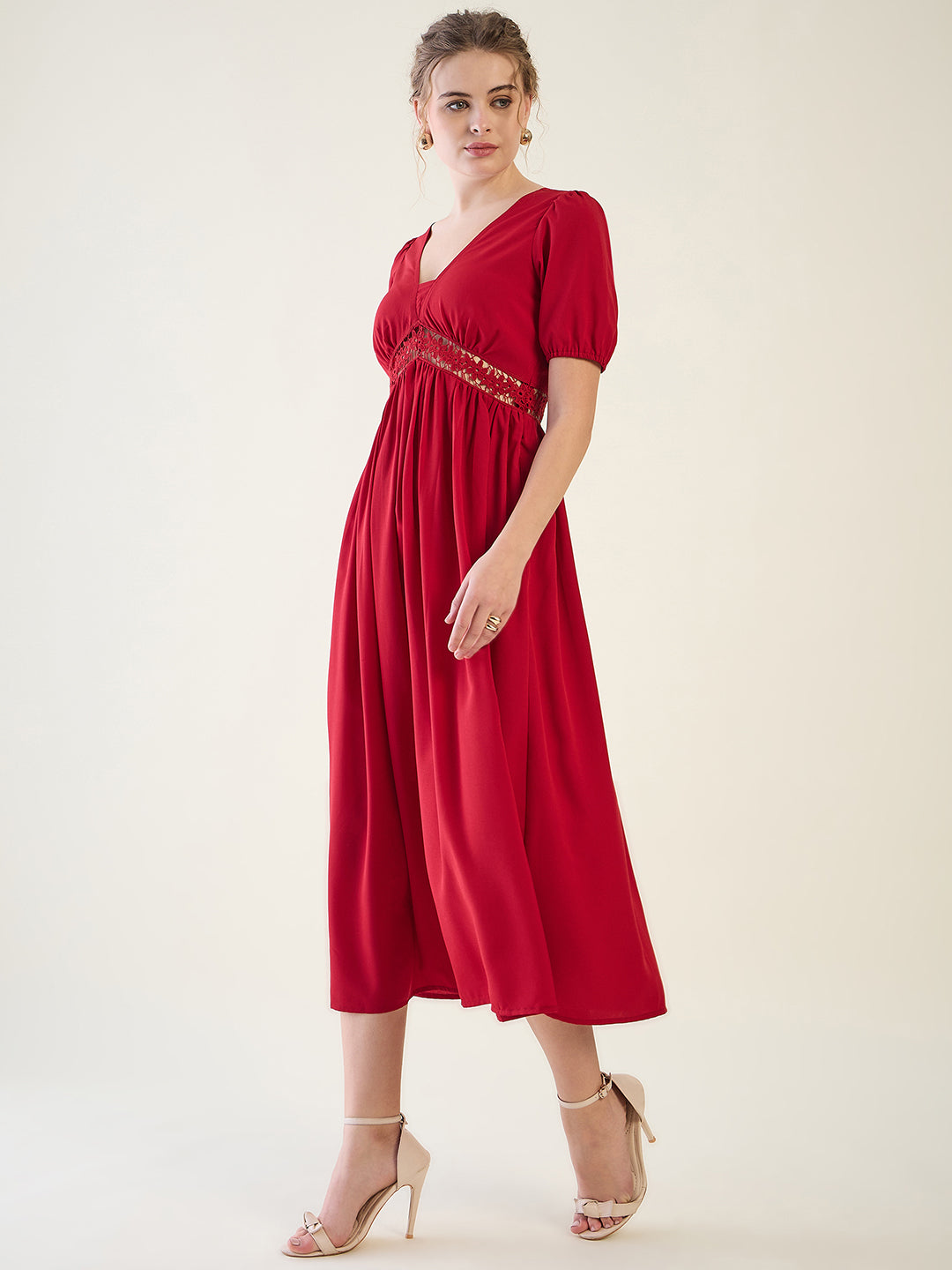 V-Neck Midi Dress with Lace Waist Detail