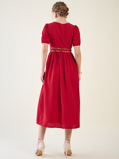 V-Neck Midi Dress with Lace Waist Detail