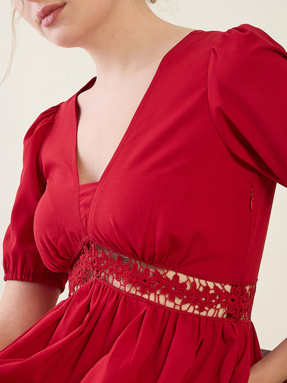 V-Neck Midi Dress with Lace Waist Detail