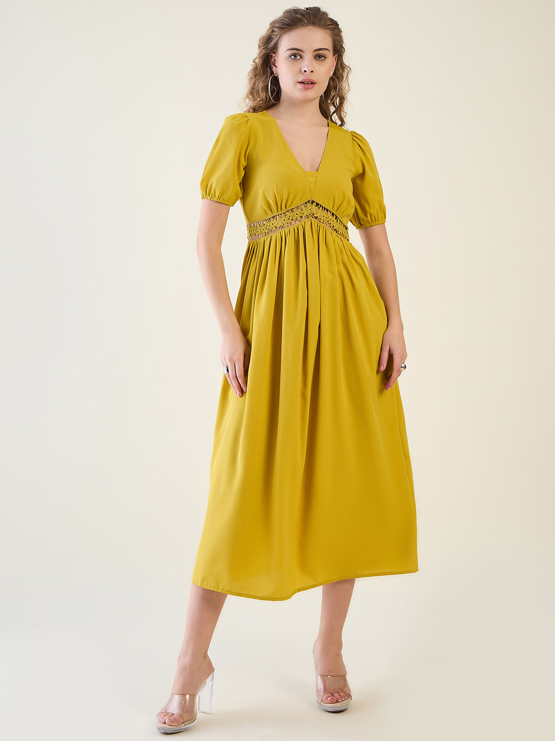 V-Neck Midi Dress with Lace Waist Detail