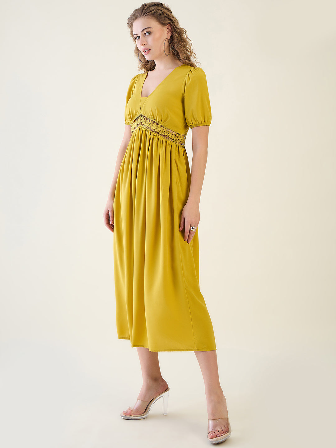 V-Neck Midi Dress with Lace Waist Detail