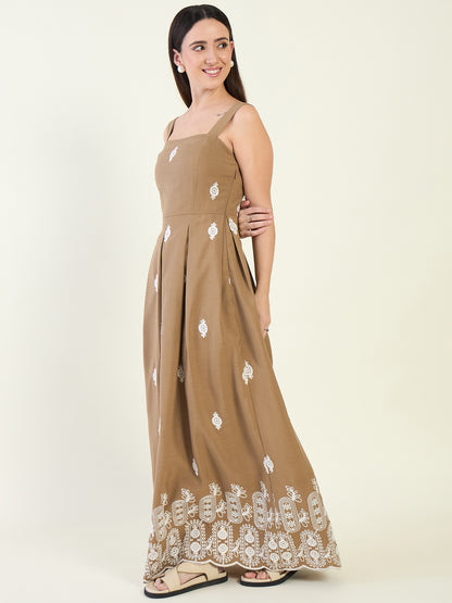 Brown Embroidered Maxi Dress with Square Neck