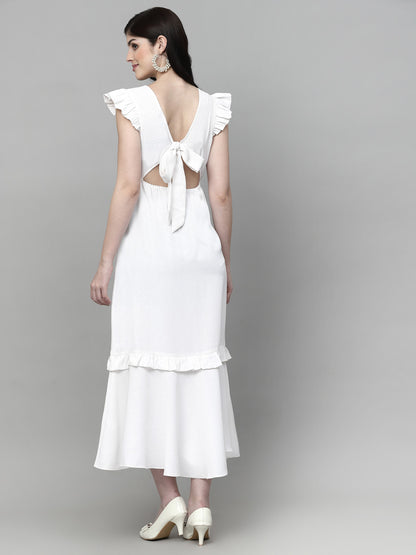 AAYU Women Solid Square Neck White Maxi Dress