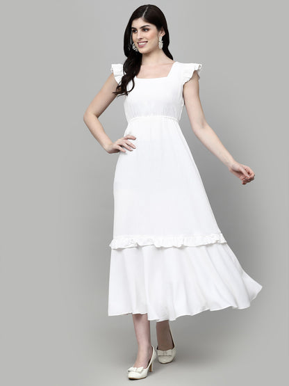 AAYU Women Solid Square Neck White Maxi Dress