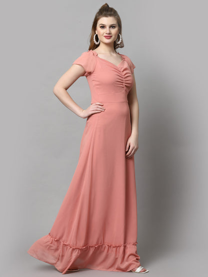 AAYU Women Georgette Solid Peach Maxi Dress