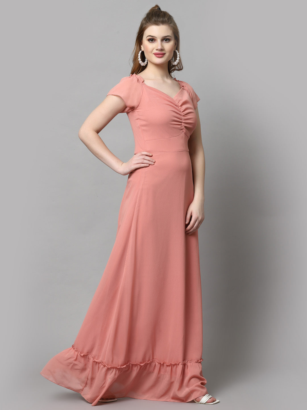AAYU Women Georgette Solid Peach Maxi Dress