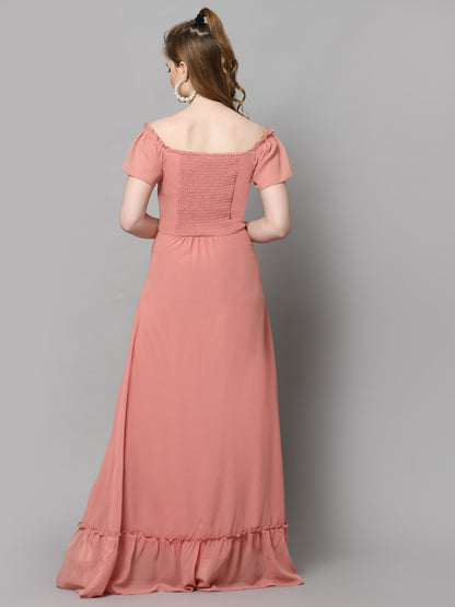 AAYU Women Georgette Solid Peach Maxi Dress