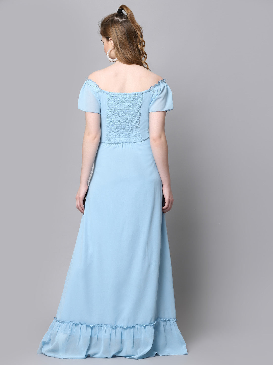 AAYU Women Georgette Solid Light Blue Maxi Dress