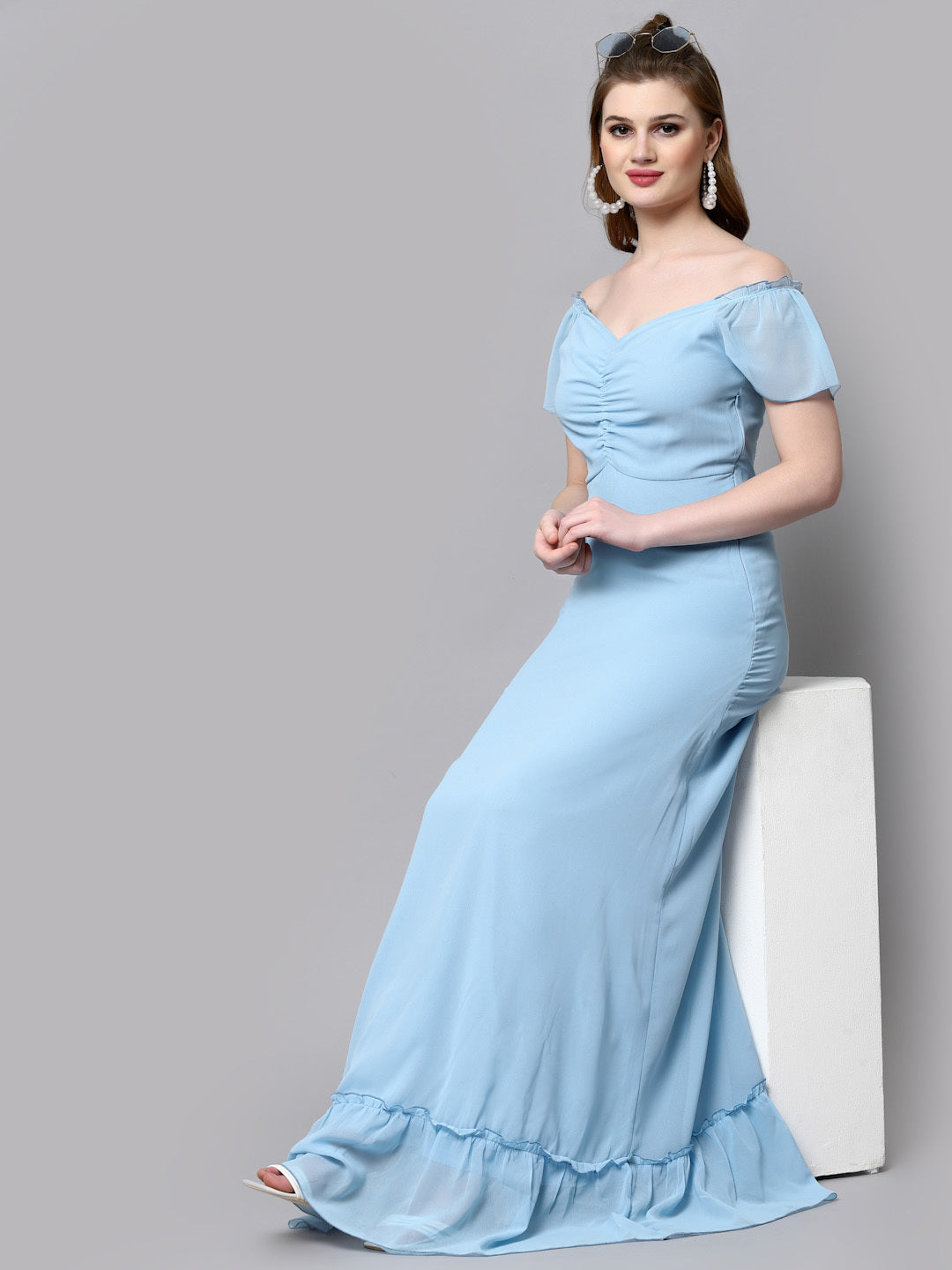 AAYU Women Georgette Solid Light Blue Maxi Dress