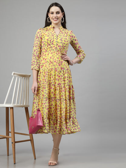 AAYU Women Printed Tiered Yellow Dress