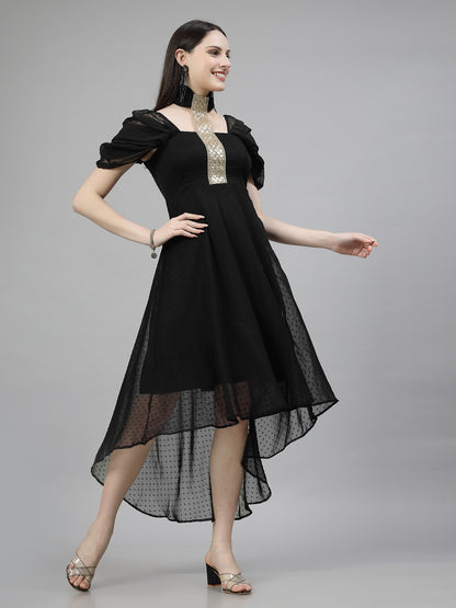 AAYU Women Asymmetric High Low Black Solid Dress