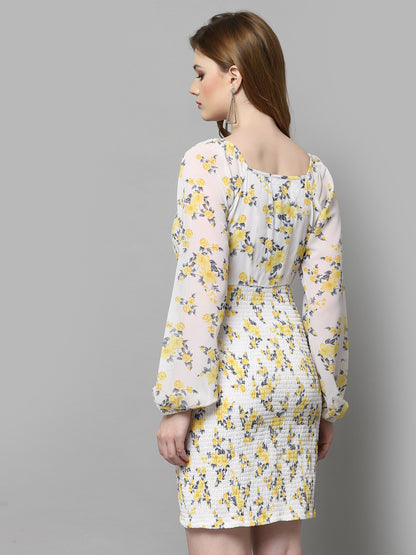 AAYU Women Bodycon White & Yellow Dress