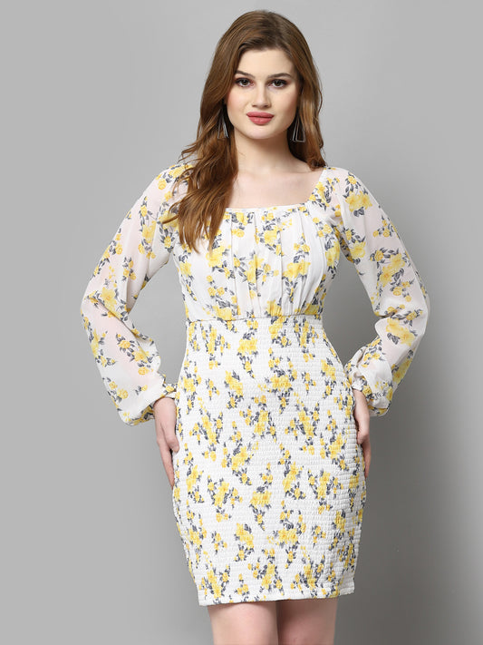 AAYU Women Bodycon White & Yellow Dress