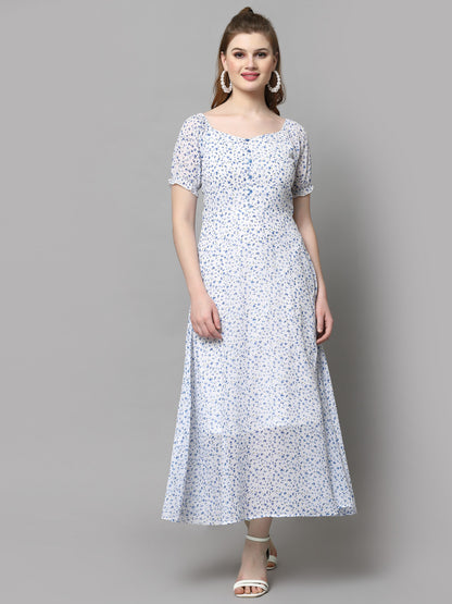 AAYU Women Fit and Flare White & Blue Dress