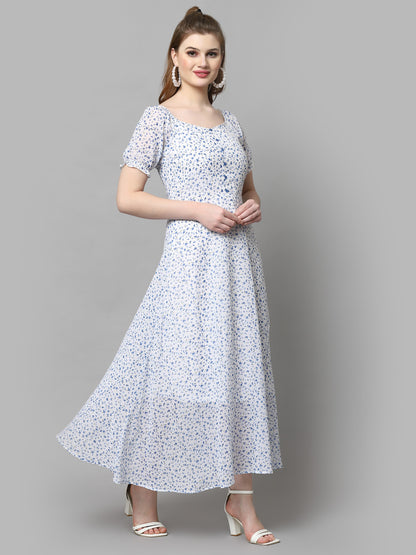 AAYU Women Fit and Flare White & Blue Dress