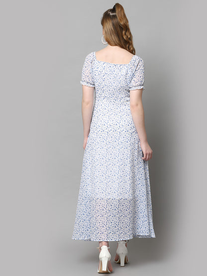 AAYU Women Fit and Flare White & Blue Dress