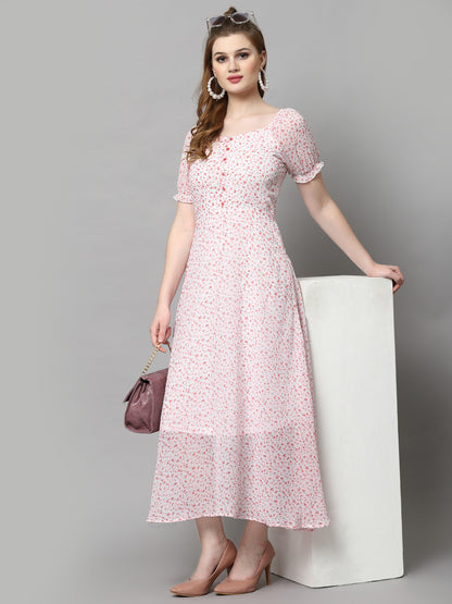 AAYU Women Fit and Flare White & Pink Dress
