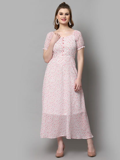 AAYU Women Fit and Flare White & Pink Dress