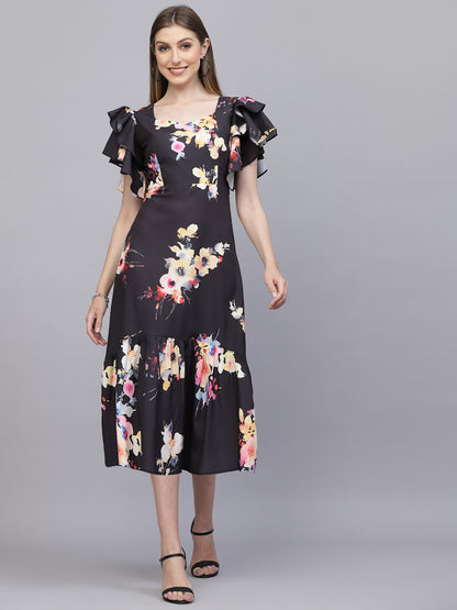 AAYU Women A-Line Ruffle Sleeves Black Dress