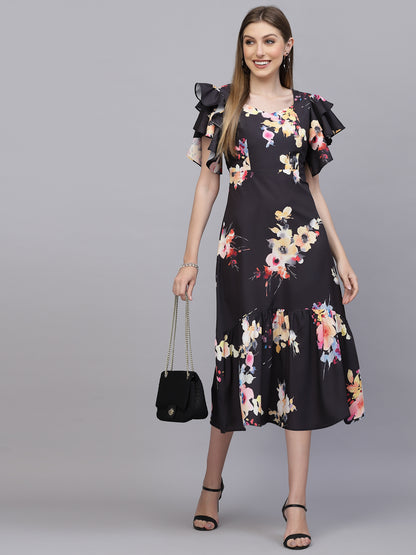 AAYU Women A-Line Ruffle Sleeves Black Dress