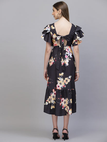 AAYU Women A-Line Ruffle Sleeves Black Dress