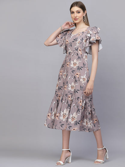 AAYU Women A-Line Ruffle Sleeves Brown Dress