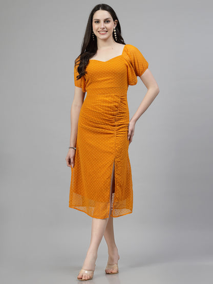 Mustard Polka Ruched Midi Dress