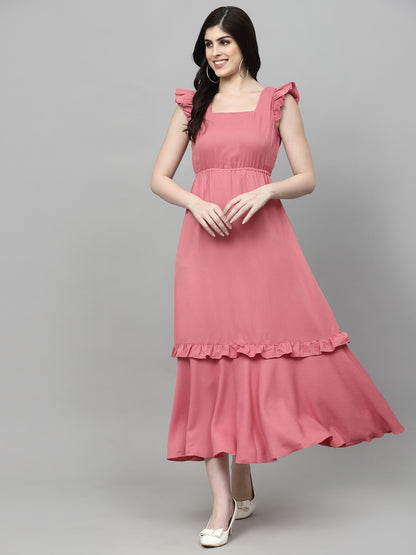 AAYU Women Solid Square Neck Pink Maxi Dress