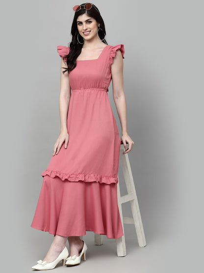 AAYU Women Solid Square Neck Pink Maxi Dress