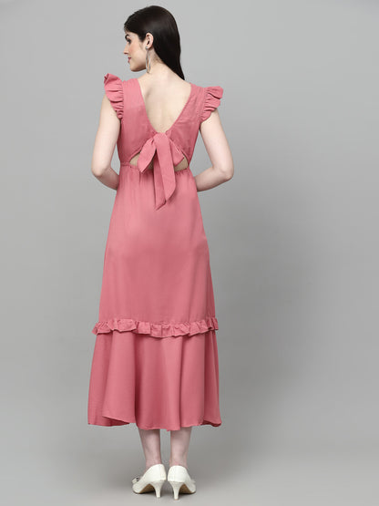 AAYU Women Solid Square Neck Pink Maxi Dress