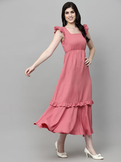 AAYU Women Solid Square Neck Pink Maxi Dress