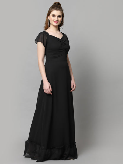 AAYU Women Georgette Solid Black Maxi Dress