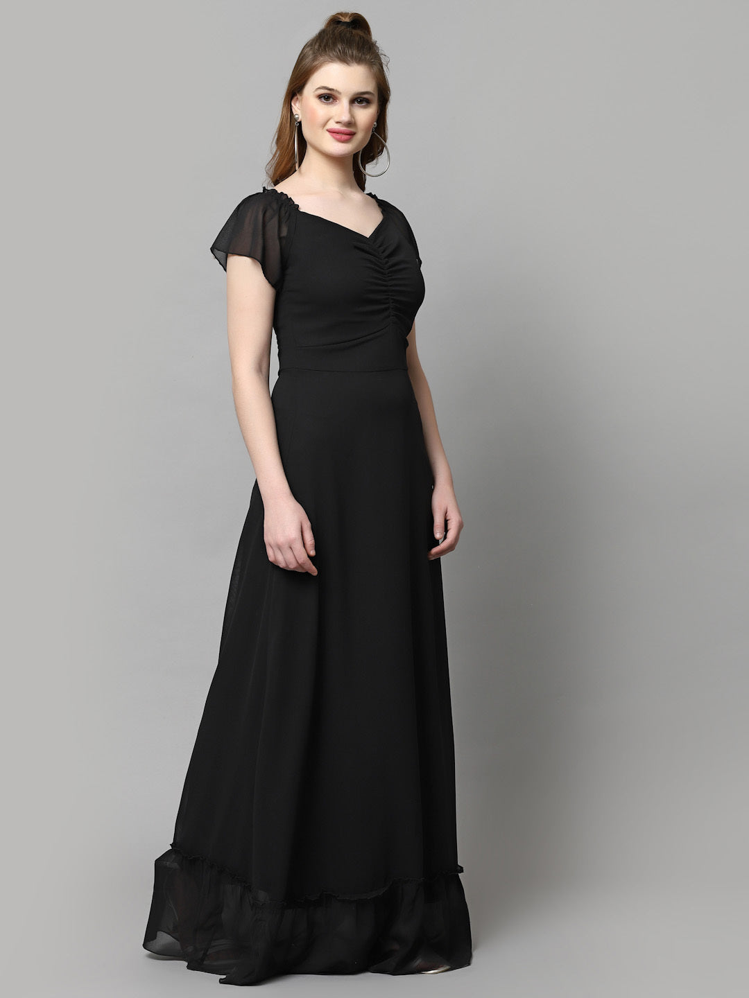 AAYU Women Georgette Solid Black Maxi Dress