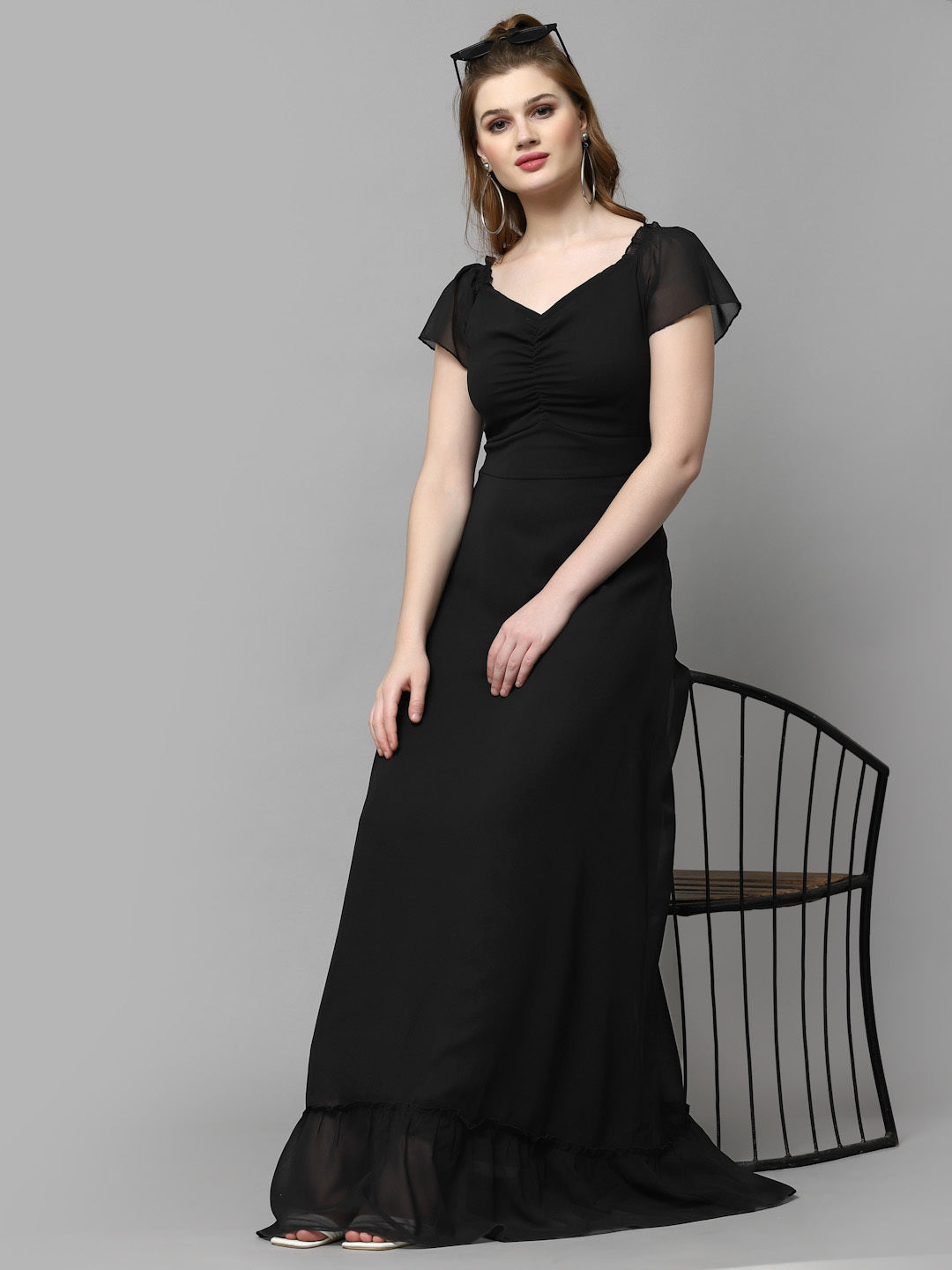 AAYU Women Georgette Solid Black Maxi Dress