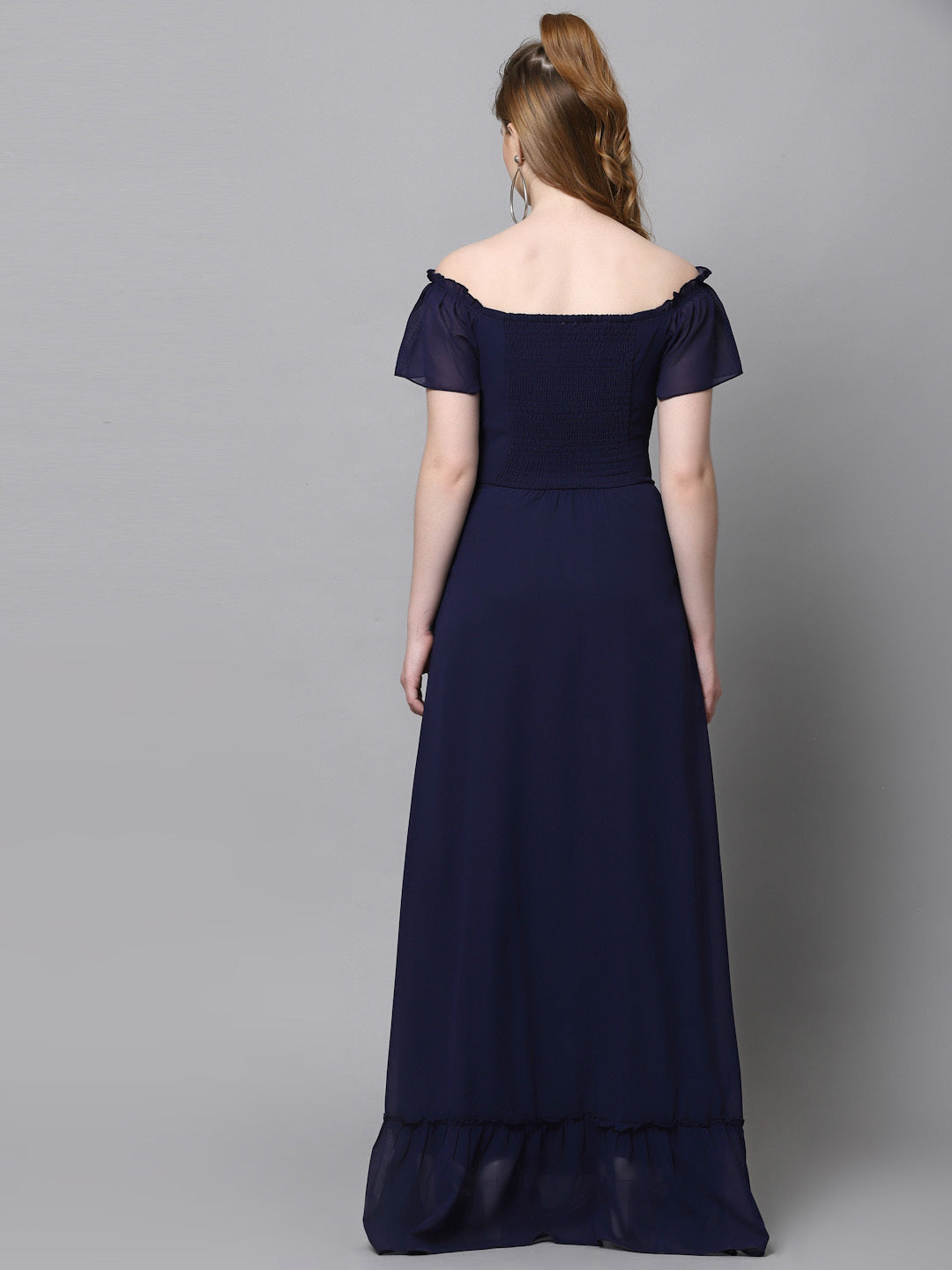 AAYU Women Georgette Solid Blue Maxi Dress
