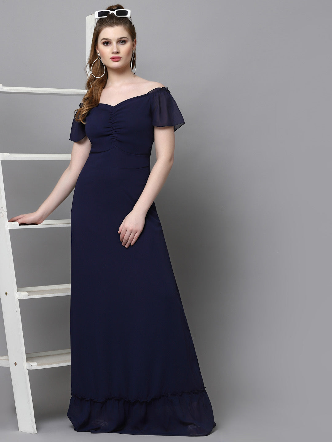 AAYU Women Georgette Solid Blue Maxi Dress